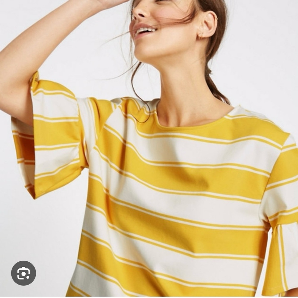 Marks & Spencer Yellow and White Striped Bell Sleeve Top size 8 Med